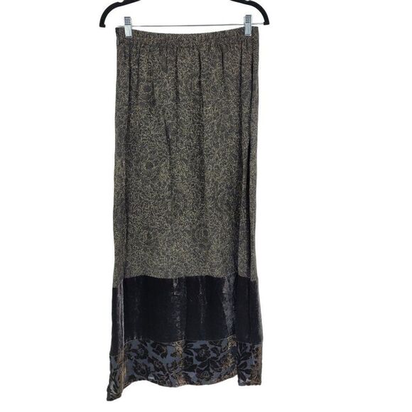 Vintage Citron Maxi Skirt M Black Green Floral Burnout Silk Velour Hem Side Slit - Picture 11 of 11